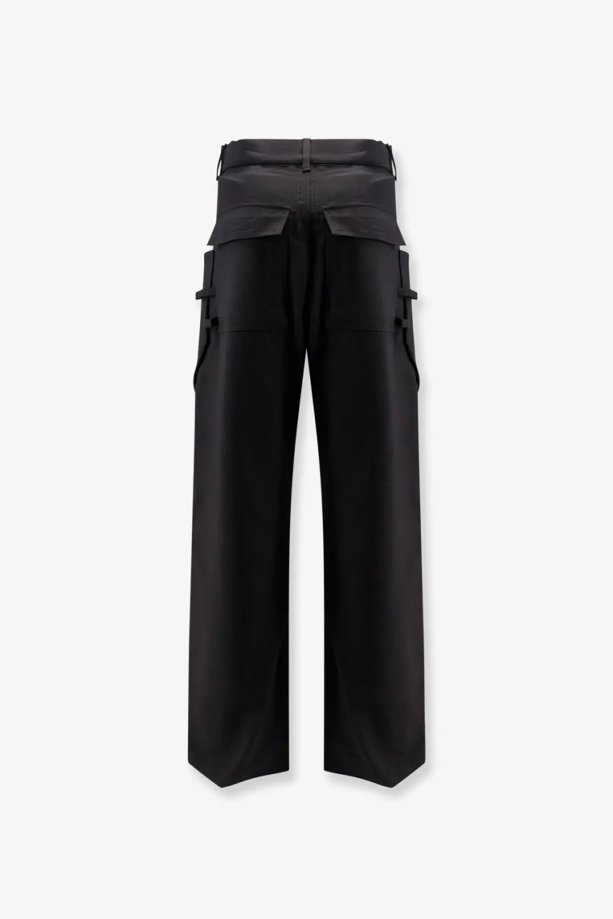 Rick Owens men’s Stefan cargo virgin wool trousers in black with high waist and multiple flap pockets