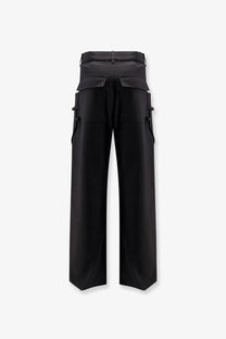 Rick Owens men’s Stefan cargo virgin wool trousers in black with high waist and multiple flap pockets