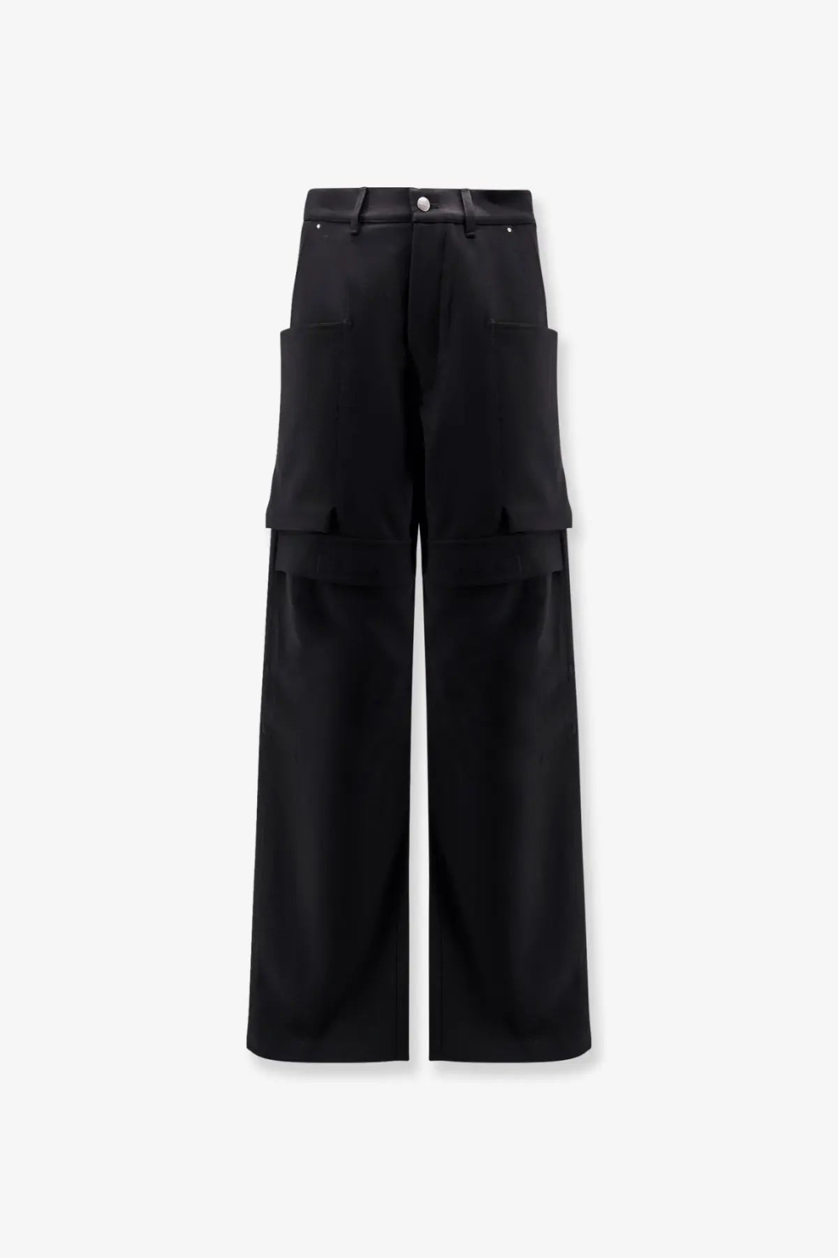 Rick Owens men’s Stefan cargo virgin wool trousers black featuring high waist and wide-leg flap pockets