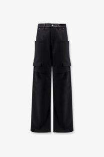 Rick Owens men’s Stefan cargo virgin wool trousers black featuring high waist and wide-leg flap pockets