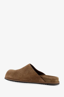 Rick Owens men’s brown suede slip-on clog with soft cushioned insole and textured rubber sole front view