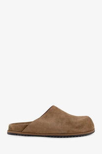 Rick owens men’s brown suede slip-on mule sandals with soft cushioned sole and minimalist design
