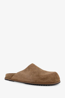 Rick Owens men’s brown suede slip-on mule sandal with textured grippy rubber sole for casual wear