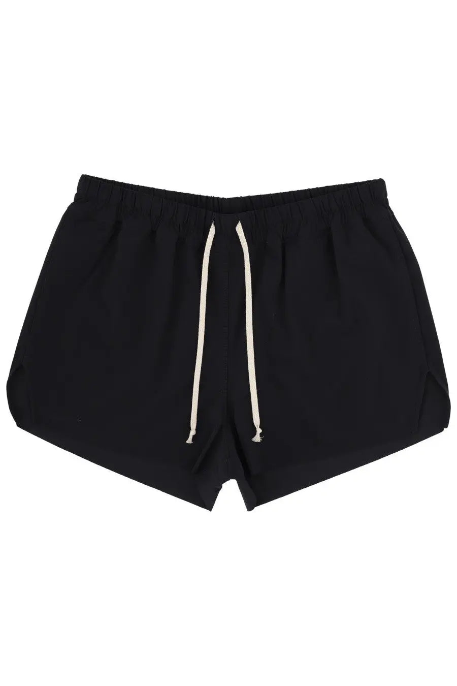 Rick Owens men’s black swimsuit featuring athletic shorts with a drawstring waistband and white cord ties