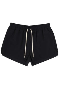 Rick Owens men’s black swimsuit featuring athletic shorts with a drawstring waistband and white cord ties