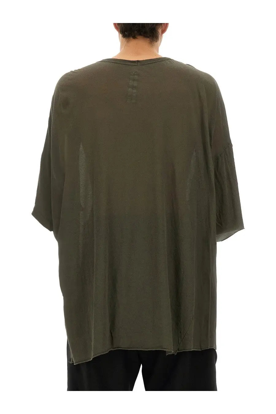 Rick Owens men’s tommy shirt green olive sheer mesh top with relaxed fit and short sleeves