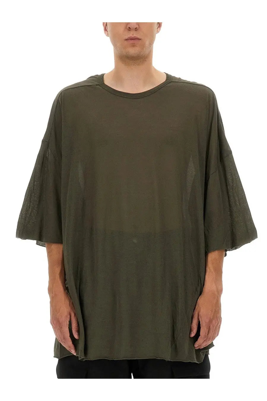 Rick Owens men’s Tommy shirt green olive sheer mesh t-shirt with wide flared sleeves and relaxed fit