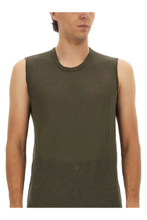 Olive green sleeveless cotton tank top with round neckline rick owens men’s top basic green front view