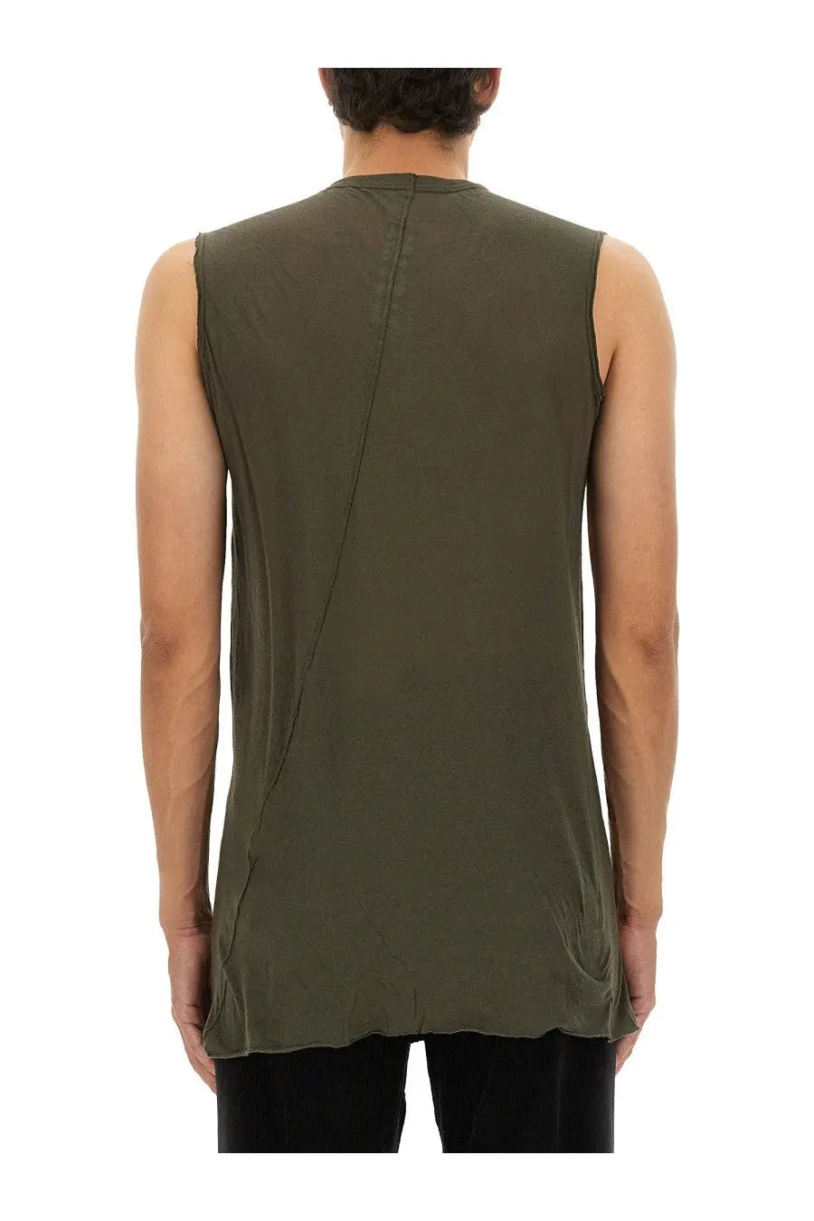 Back side of an olive green sleeveless rick owens men’s top with a diagonal seam detail