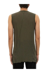Back side of an olive green sleeveless rick owens men’s top with a diagonal seam detail