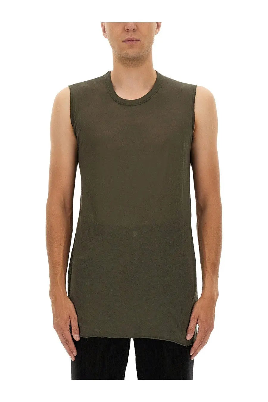 Rick owens men’s olive green sleeveless t-shirt with relaxed fit and subtle texture in soft breathable fabric