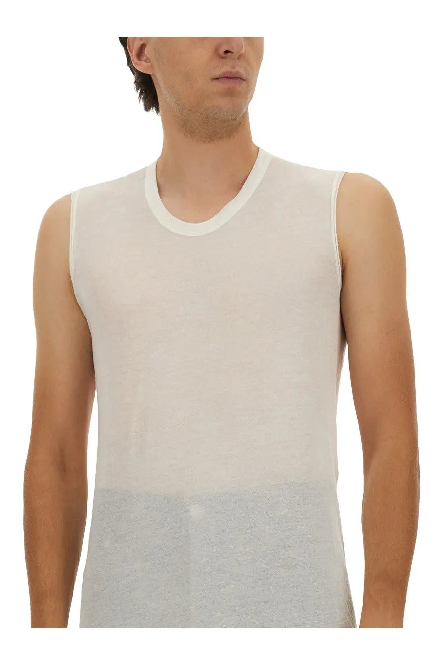 Rick owens men’s top basic white sleeveless with subtle gray gradient made of lightweight semi transparent fabric