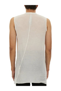 Back view of rick owens men’s translucent white sleeveless top with diagonal seam detail on the back