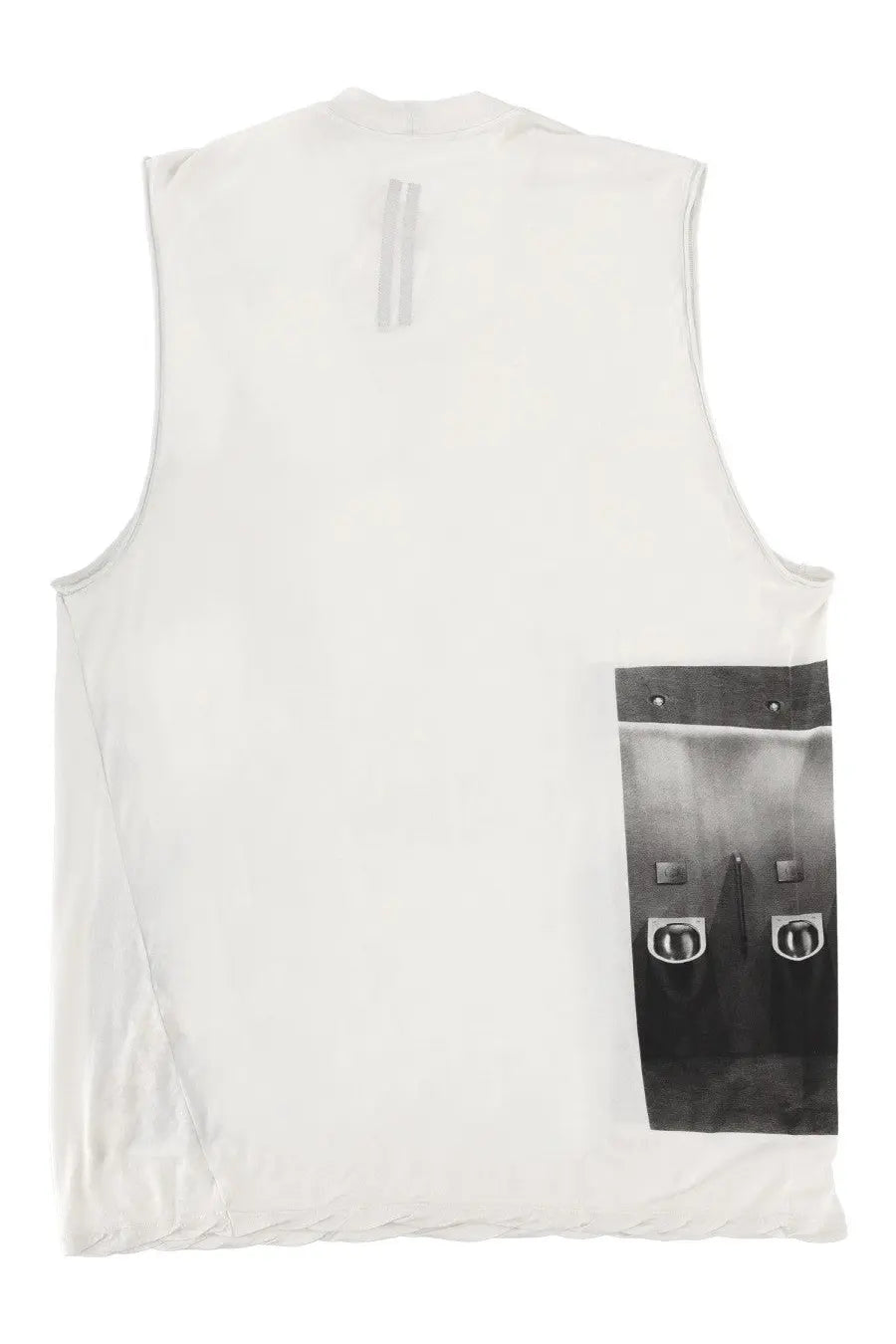 Rick Owens men’s white sleeveless top with black and gray graphic print and circular lock details on lower right side