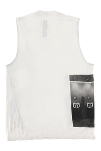 Rick Owens men’s white sleeveless top with black and gray graphic print and circular lock details on lower right side