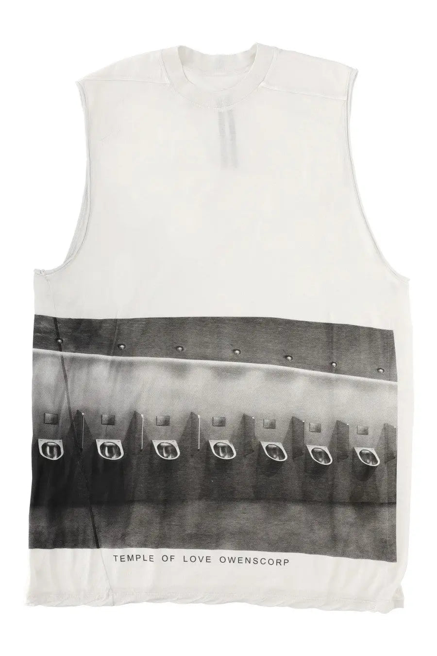 Rick owens men’s white sleeveless top with black and white photographic urinal print and temple of love text