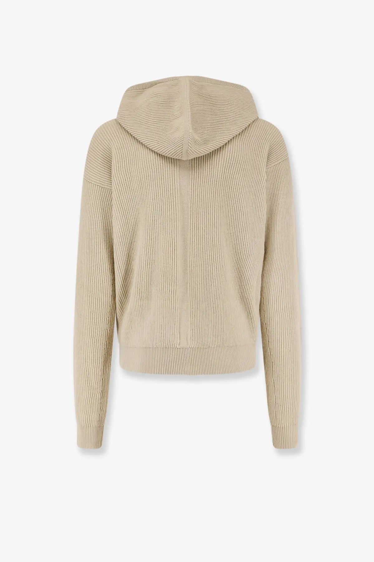 Beige ribbed knit hoodie with relaxed fit and soft textured fabric in Rick Owens men’s virgin wool cardigan beige
