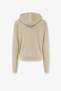 Beige ribbed knit hoodie with relaxed fit and soft textured fabric in Rick Owens men’s virgin wool cardigan beige