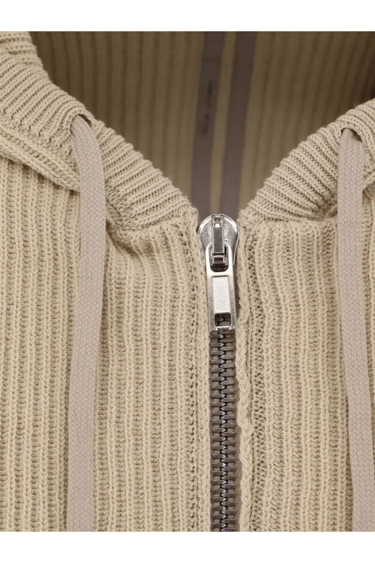 Beige ribbed knit virgin wool zip-up hoodie with silver zipper and matching drawstrings by Rick Owens men
