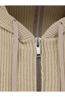 Beige ribbed knit virgin wool zip-up hoodie with silver zipper and matching drawstrings by Rick Owens men