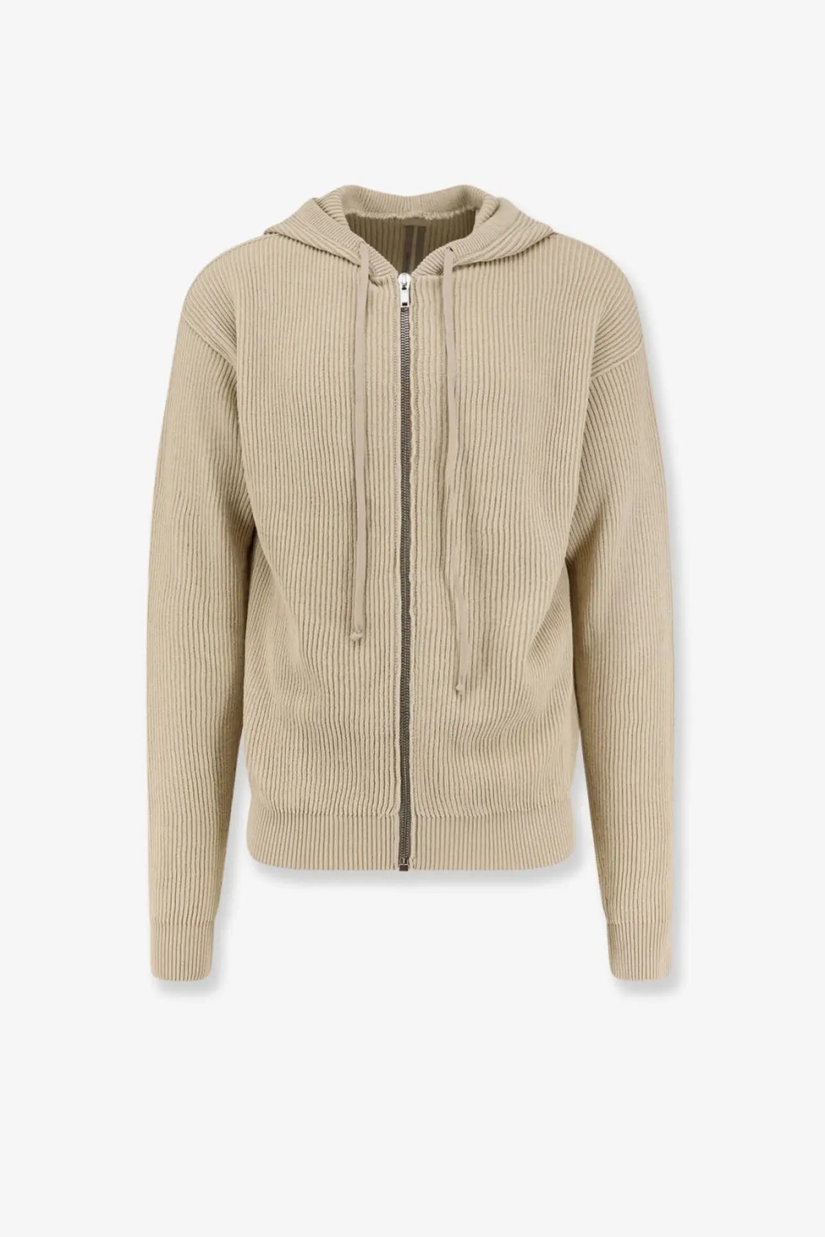 Beige ribbed knit zip-up hoodie with drawstrings from Rick Owens men’s virgin wool cardigan collection