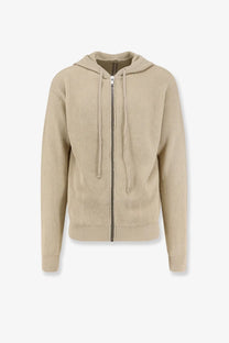 Beige ribbed knit zip-up hoodie with drawstrings from Rick Owens men’s virgin wool cardigan collection