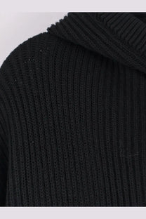 Rick owens men’s virgin wool cardigan black ribbed knit hoodie with textured vertical stitch pattern