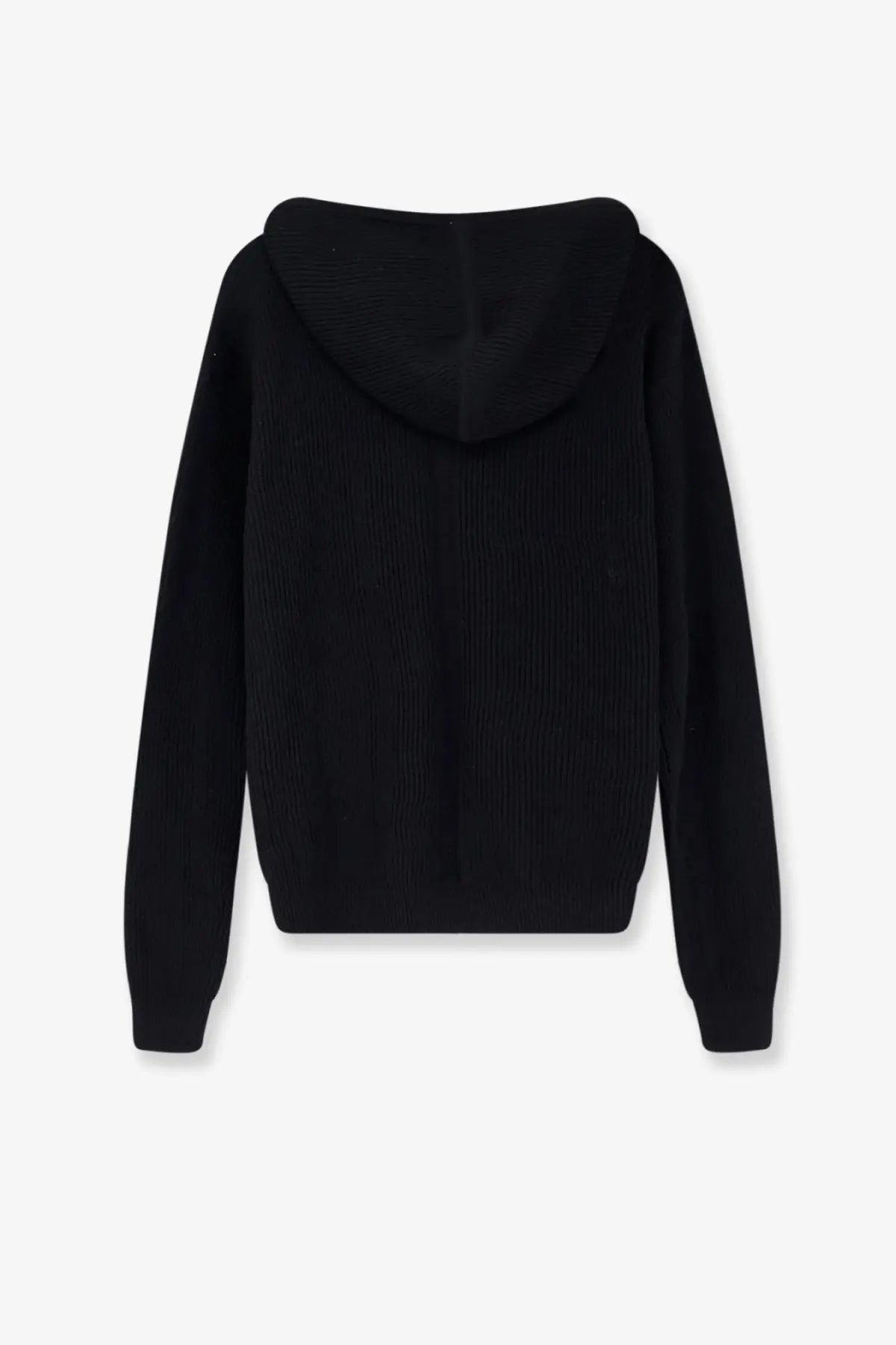 Rick Owens men’s virgin wool cardigan black with a sleek black ribbed knit hoodie and minimalist design