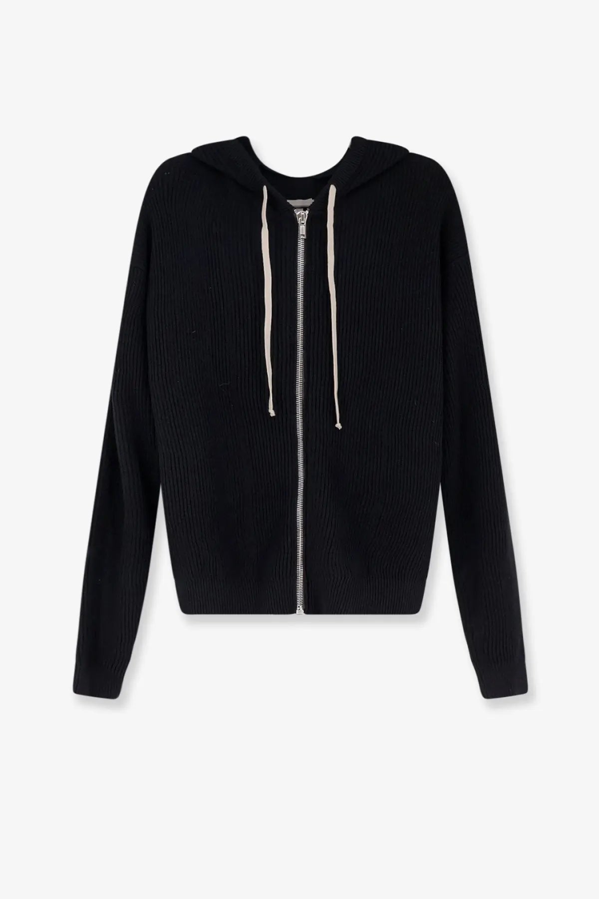 Rick Owens men’s black ribbed knit virgin wool cardigan with zip-up front and contrasting off-white drawstrings