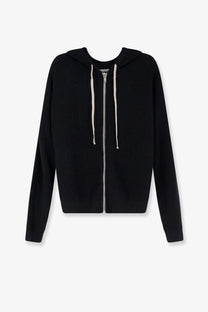 Rick Owens men’s black ribbed knit virgin wool cardigan with zip-up front and contrasting off-white drawstrings