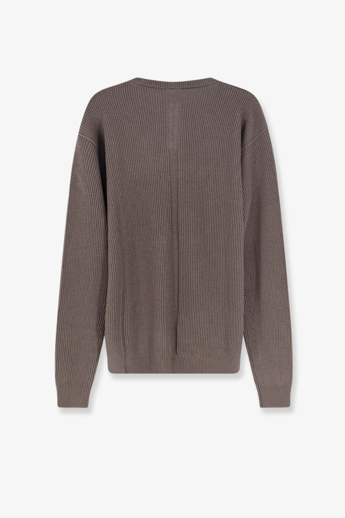 Rick owens men’s virgin wool grey sweater with ribbed texture relaxed fit long sleeves made of muted taupe knit