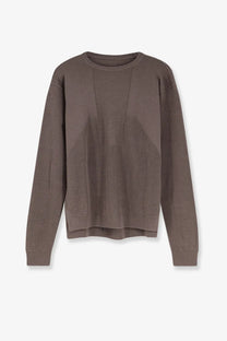 Rick Owens men’s grey virgin wool sweater with taupe ribbed sleeves and contrasting vertical front panel