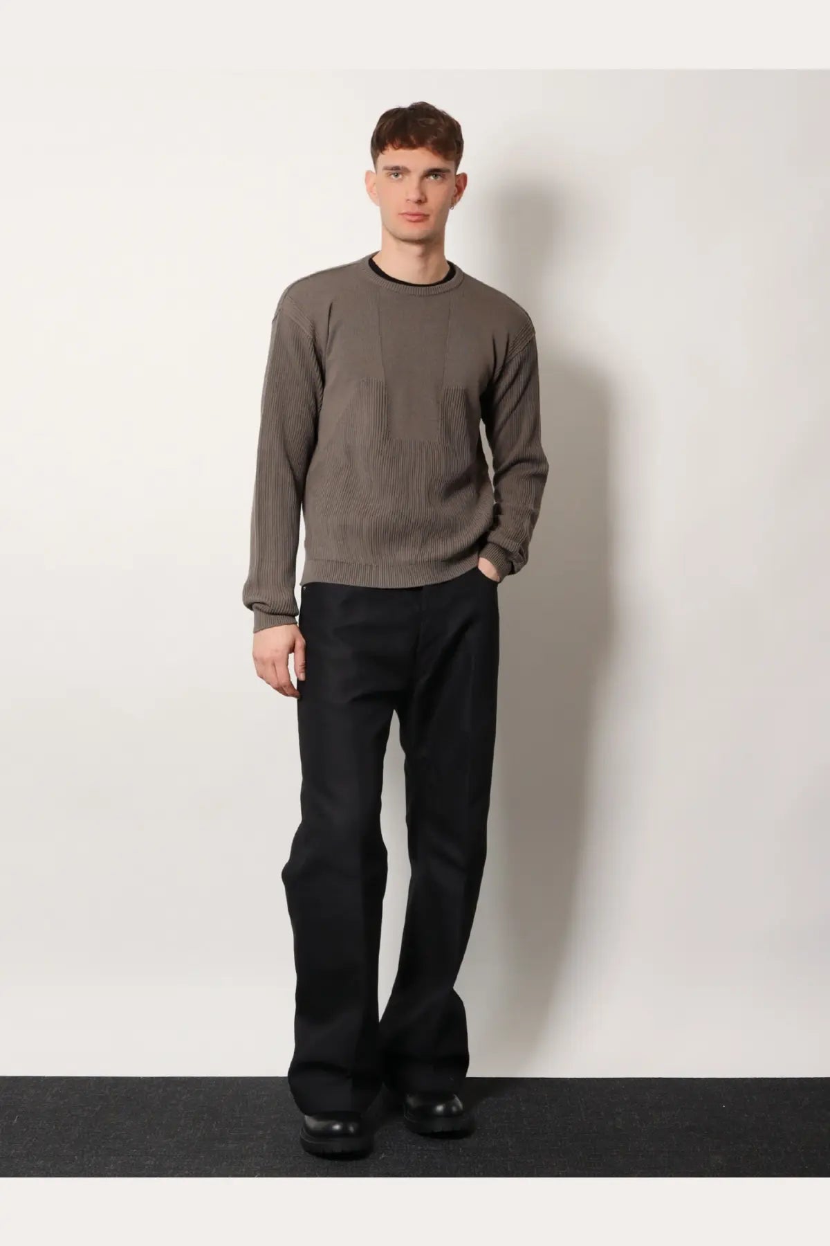 Rick owens men’s virgin wool sweater grey textured olive green ribbed knit with black crew neckline visible from the front