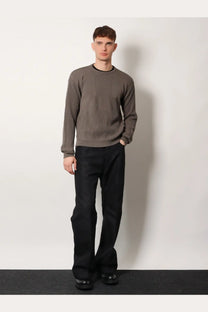 Rick owens men’s virgin wool sweater grey textured olive green ribbed knit with black crew neckline visible from the front