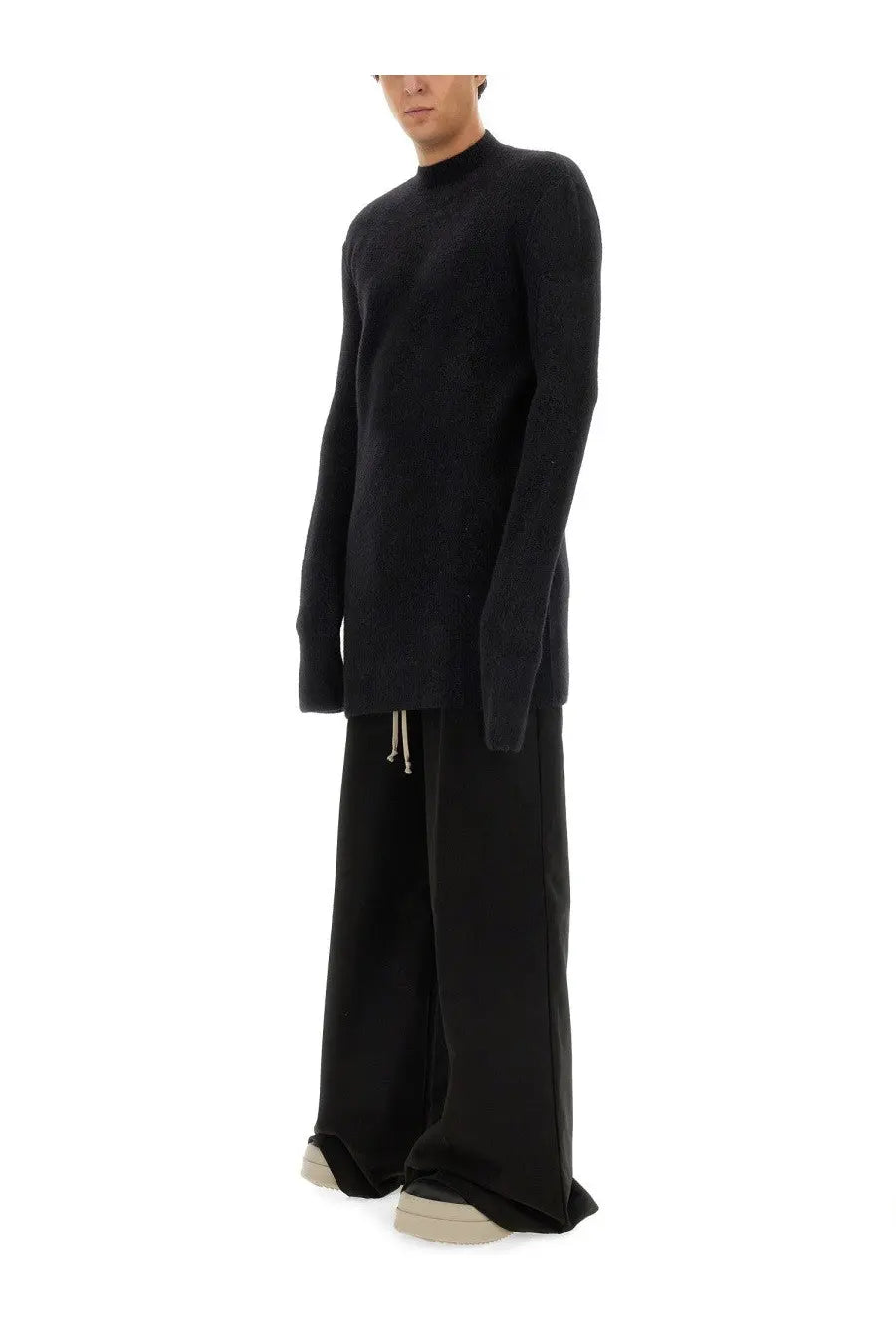 Rick Owens men’s black wool jersey high-neck knit top with long sleeves and a relaxed oversized fit