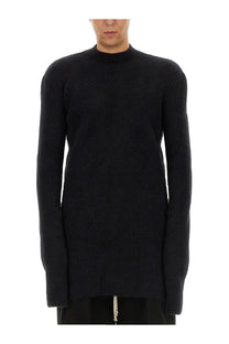 Rick Owens men’s wool jersey black ribbed knit sweater with high neck and long sleeves