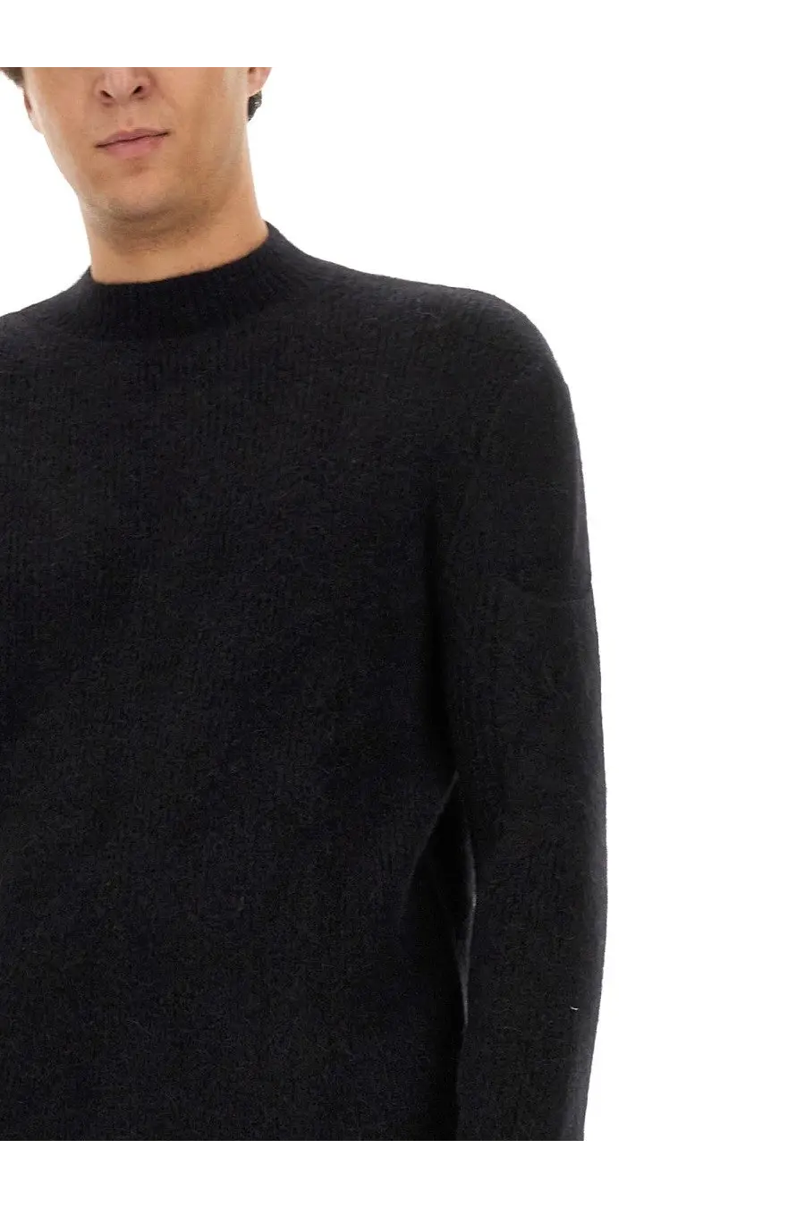 Rick Owens men’s black ribbed knit turtleneck sweater made from wool jersey for stylish warmth and comfort