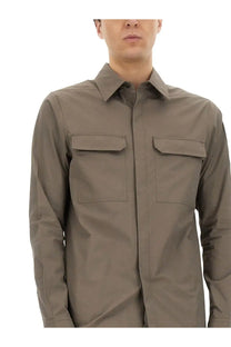 Rick Owens men’s work shirt grey long-sleeved button-up with two chest pockets and a classic collar in olive green
