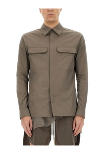 Rick Owens men’s work shirt grey in olive green with long sleeves, structured collar, and two chest pockets