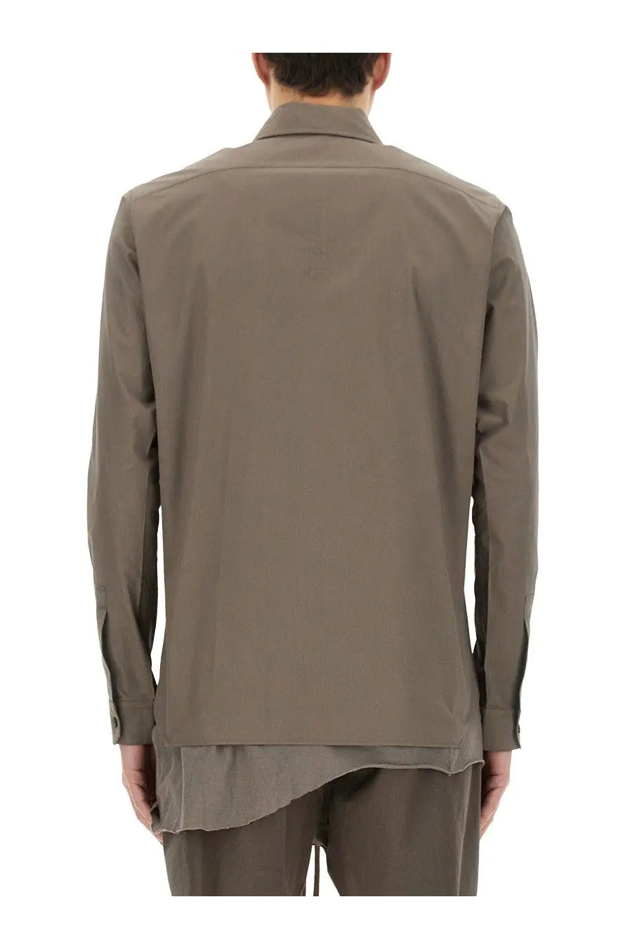 Rick Owens men’s work shirt grey in olive green with long sleeves, modern minimalist design, and subtle asymmetrical hemline