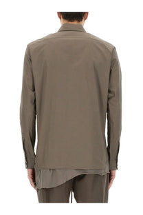 Rick Owens men’s work shirt grey in olive green with long sleeves, modern minimalist design, and subtle asymmetrical hemline