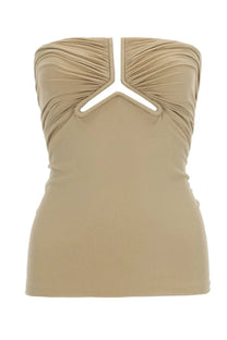 Rick Owens women’s Alannah prong beige strapless bustier top with ruched fabric and v-shaped neckline cutout