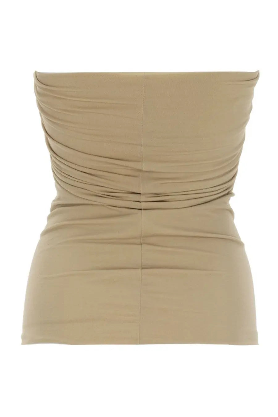 Beige ruched strapless bustier top by Rick Owens with a fitted form-hugging silhouette for women