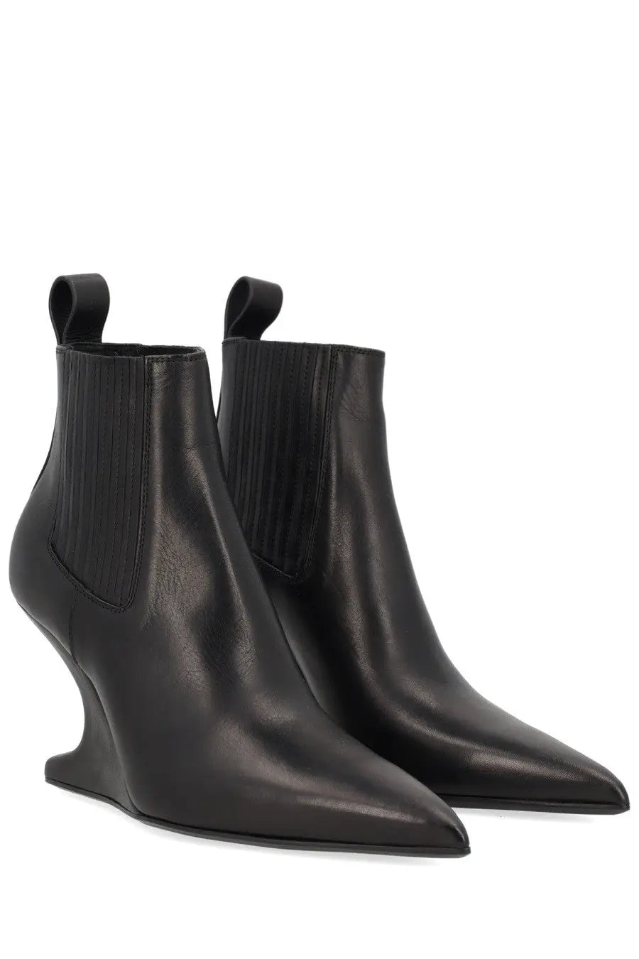 Rick Owens women’s black leather ankle sharp boot with sculpted wedge heel and ribbed elastic side panels