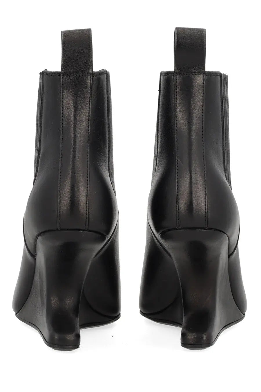 Rick Owens women’s black leather ankle sharp boots with sleek modern wedge heel and elastic side panels