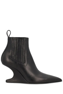 Rick Owens women’s black leather ankle sharp boot with sculpted wedge heel and ribbed elastic side panel