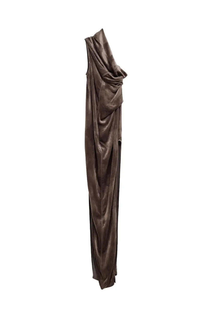 Rick Owens women’s Athena arrowhead long dress in brown satin with one shoulder and draped neckline silhouette
