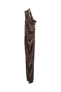 Rick Owens women’s Athena arrowhead long dress in brown satin with one shoulder and draped neckline silhouette