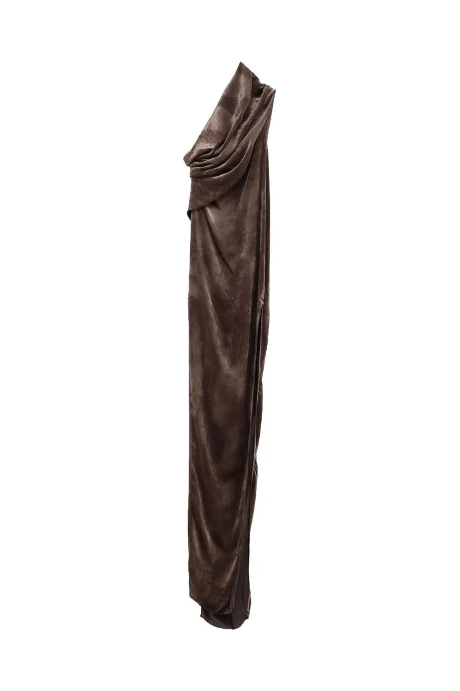 A sleek one-shoulder brown velvet gown with draped neckline and flowing silhouette by Rick Owens Women
