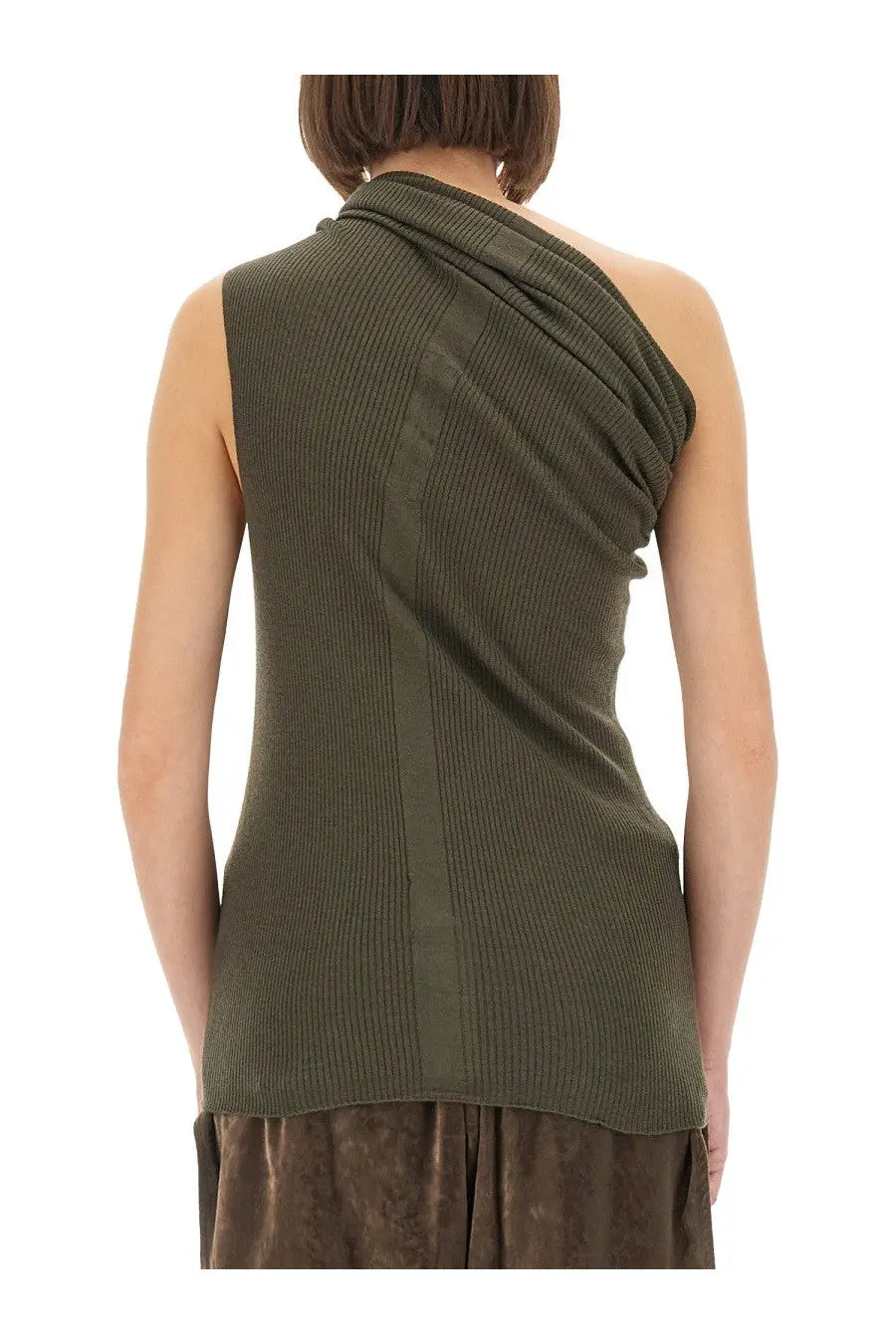 Rick Owens women’s olive green ribbed knit one-shoulder top with draped asymmetrical design